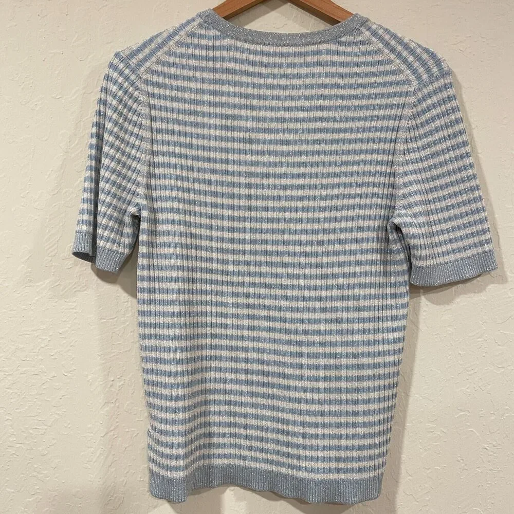 ~ Brooks Brothers XL Sweater Short Sleeved Striped Metallic Ribbed Knit Lt Blue